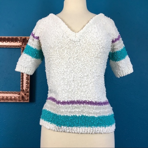 Vintage 80s lightweight popcorn knit v sweater top M - Picture 1 of 8